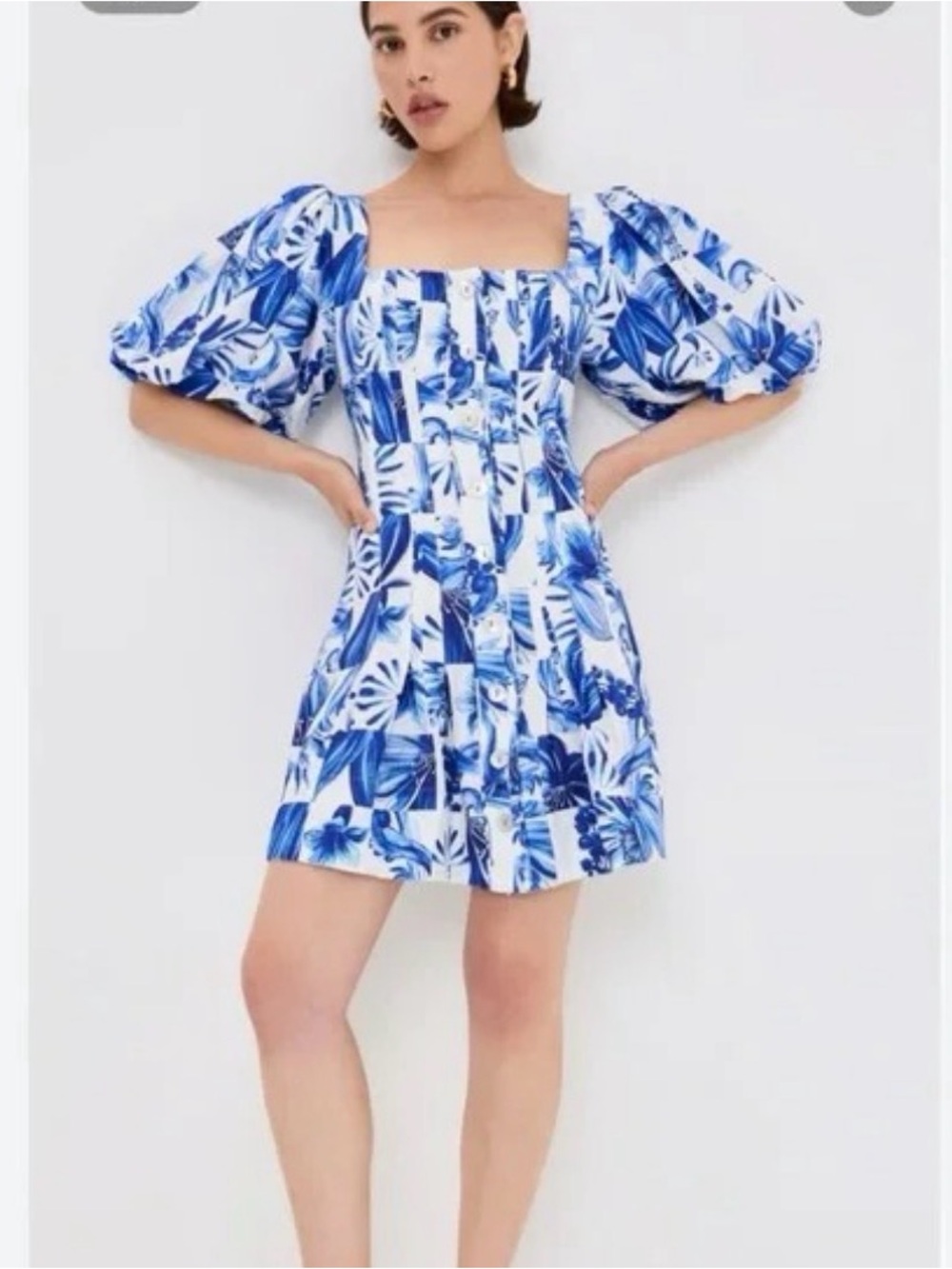 Caroline Constas Blue & White Floral Square-Neck Puff-Sleeve Mini Dress